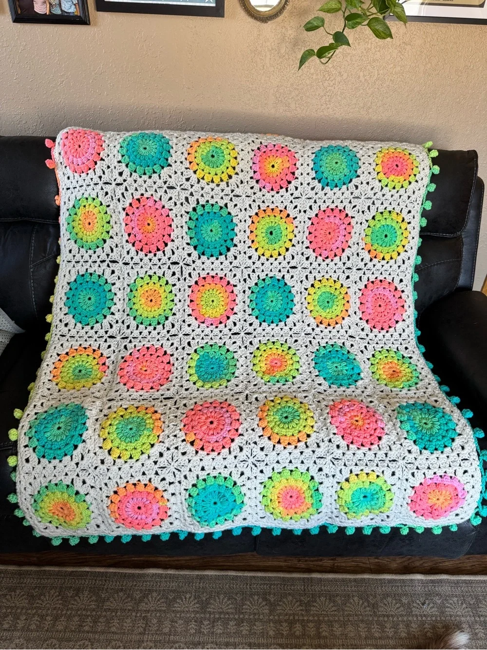 Handmade Crochet sunburst Granny Square Throw - Bright Rainbow Floral!